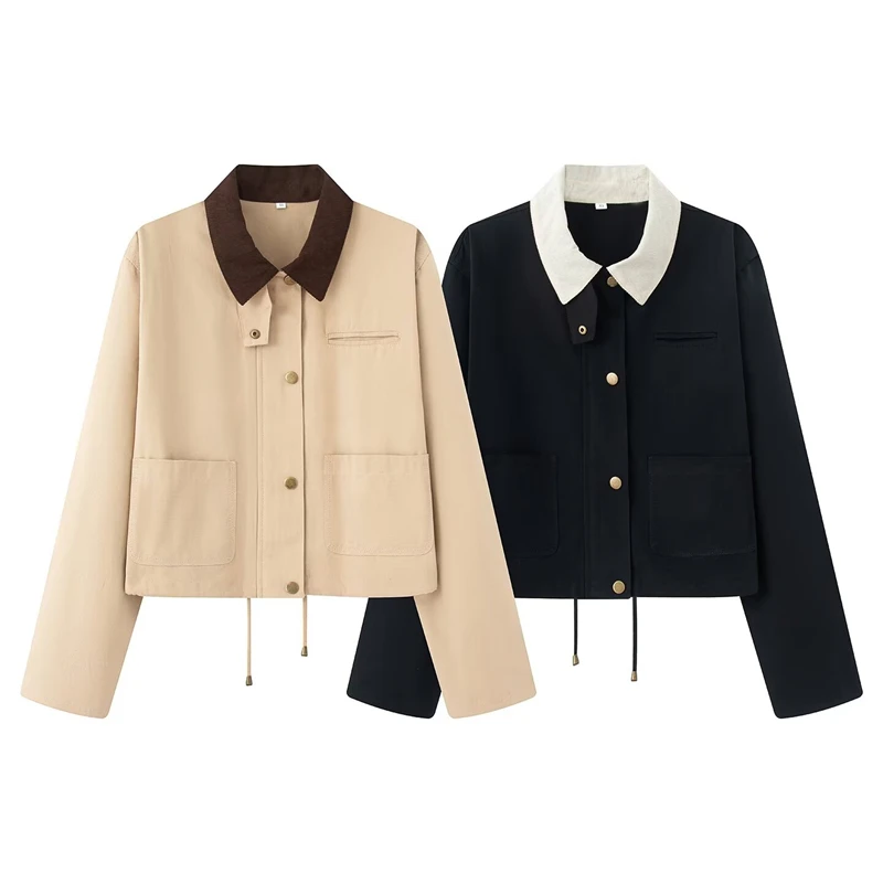 Ladies Contrast Collar Short Cargo Jacket Metal Snap Buttons Multi Pockets Drawstring Hem Loose Casual Outer Tops
