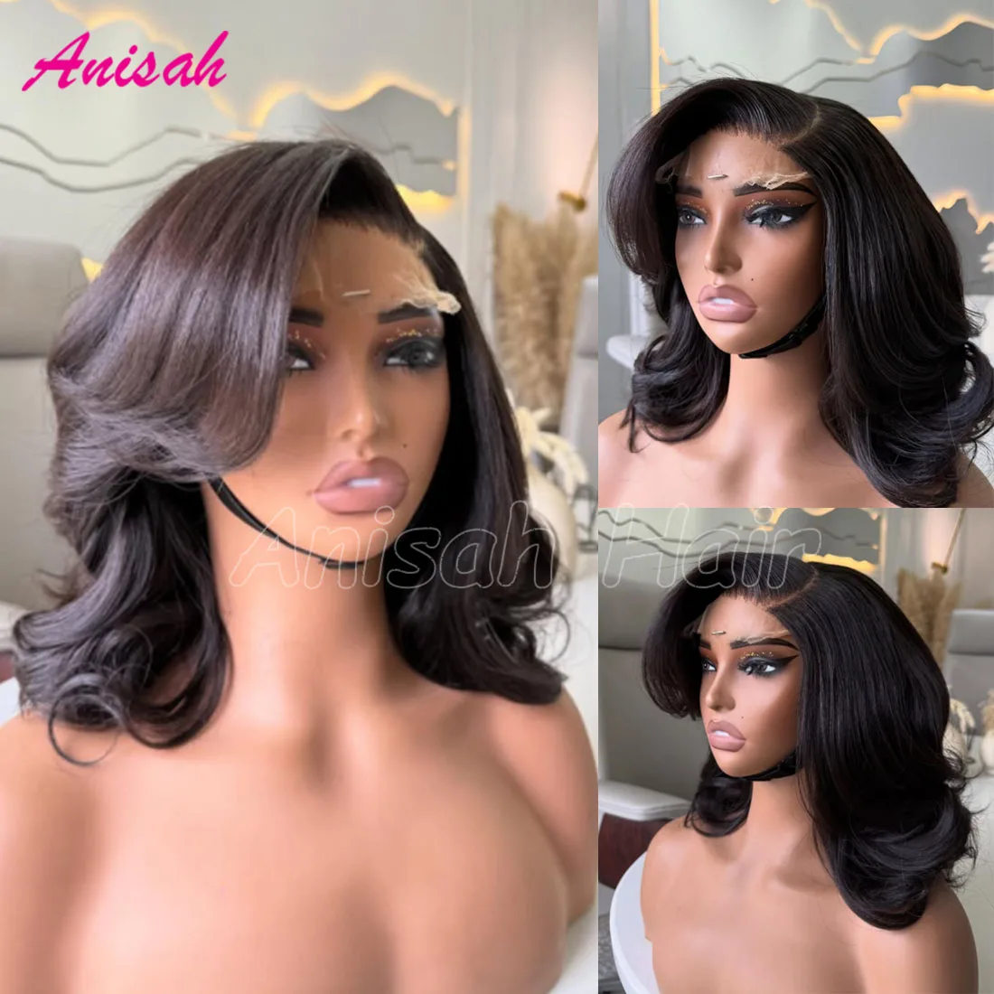 

Свободные волнистые парики из натуральных волос на кружеве с челкой Короткие парики для чернокожих женщин 13x4 Кружевная фронтальная застежка Бесклеевой парик Предварительно выщипанный