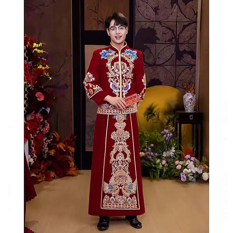

Yourqipao, традиционное китайское мужское бархатное свадебное платье Xiuhe, свадебный комплект 2021, новый костюм Тан в китайском стиле