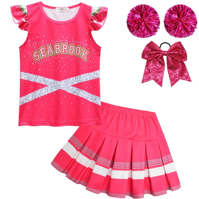 Girls Summer Clothing Suits Zombies 3 Addison Kids Cosplay Costume Sets Cheerleaders Vest+skirt+Hand Flowers +Hair Band 4piece