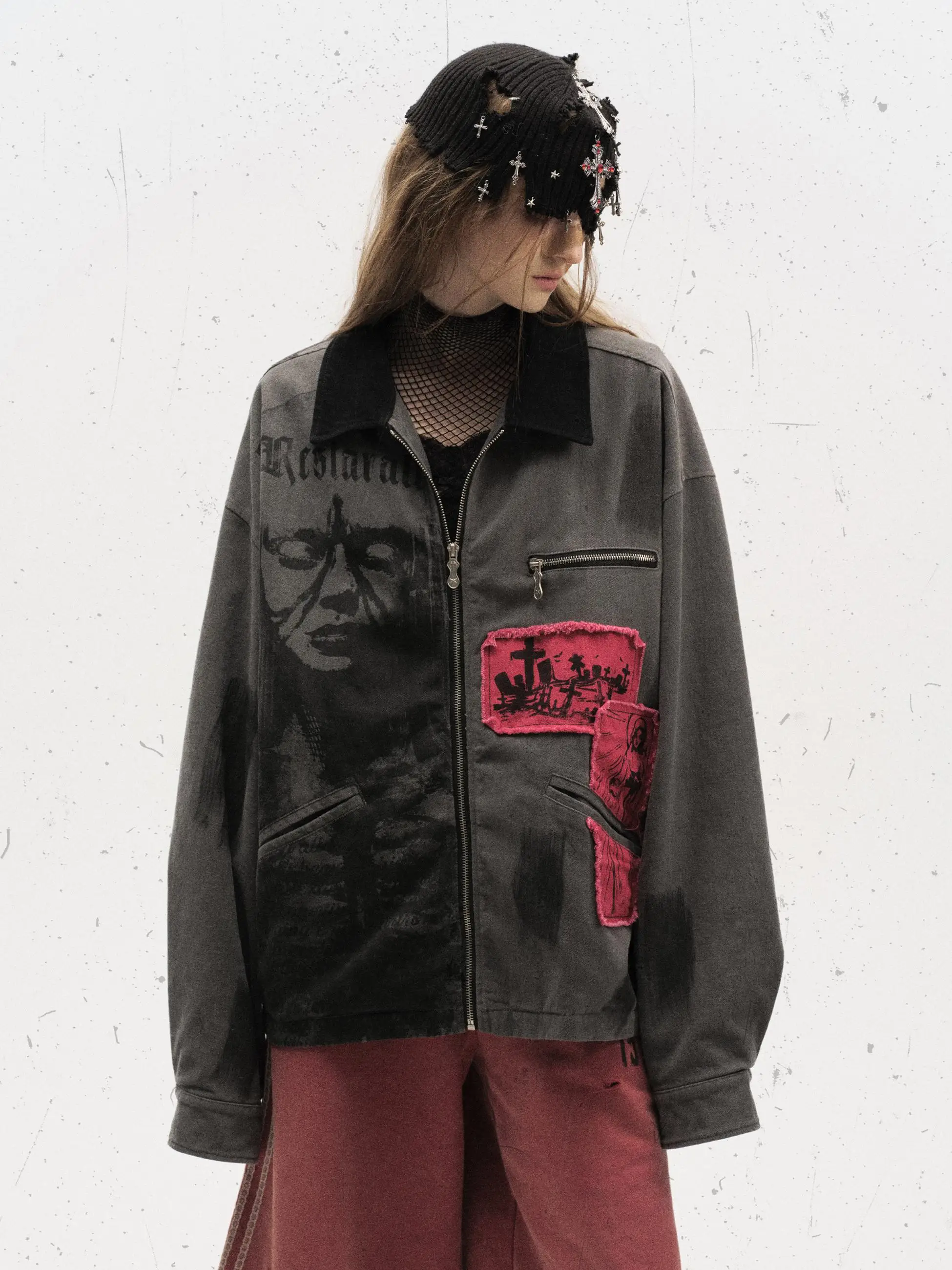 

Restarall American Retro Denim Jaet Heavy Print Patch High Street Color Blo Outerwear Youth Faion Spring Autumn Zipper ...