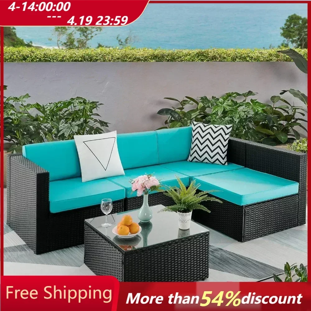 

5 Pieces Outdoor Furniture Rattan Sectional Patio Sofa, Garden Poolside Balcony Wicker Conversation Set with Table Garden Sofas