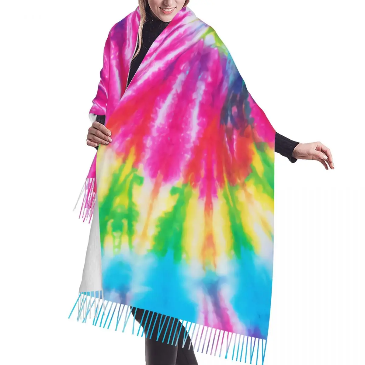 Custom Stylish Very Colorful Tie Dye Tassel Scarf Women Winter Warm Shawl Wrap Female Traditional Dyeing Art Scarves