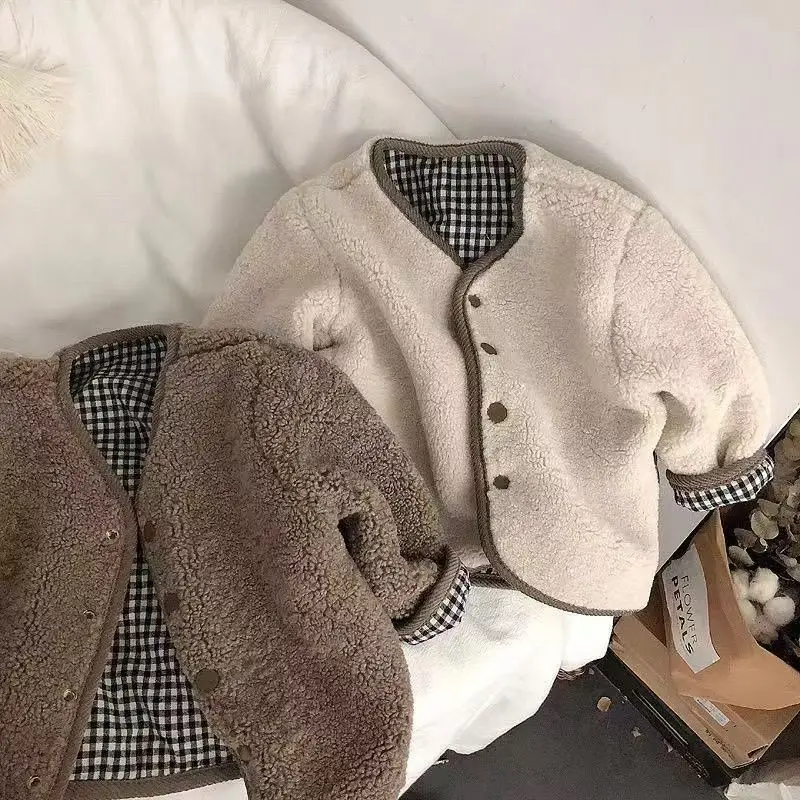 

Children's Autumn and Winter Outerwear Sweater Thickened Lamb Wool Outerwear Casual and Cute Warm Boby Girl Cotton Jacket 1-6Y