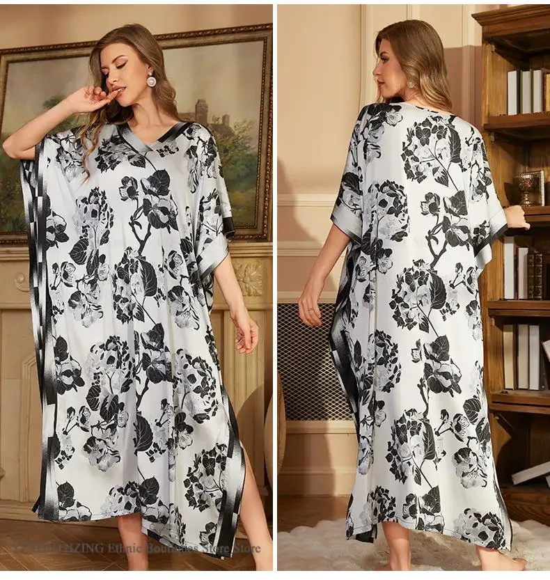 Large Size Female Long Nightgown Sexy Print Flower Nightd Ress Sleepwear Home Clothing Loose Silk Satin Loungewear Lingerie