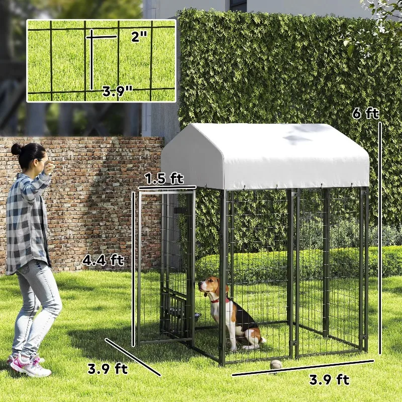Caseta para perros de exterior con estructura de alambre soldado, 3.9' x 6', con comedero ajustable de grado 4, giratorio 360 grados, impermeable, tipo mueble