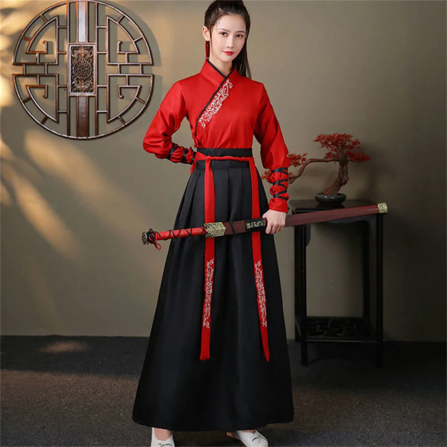 Unisex Adult Martial Style Hanfu Female Traditional Chinese Clothing Cross-Collar Han Suit Male Ancient Cosplay Couple Costume