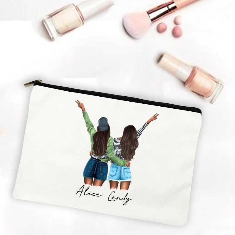 Melhor amigo dos desenhos animados menina impressão sacos de maquiagem nome personalizado bolsa cosmética viagem organizador de higiene pessoal