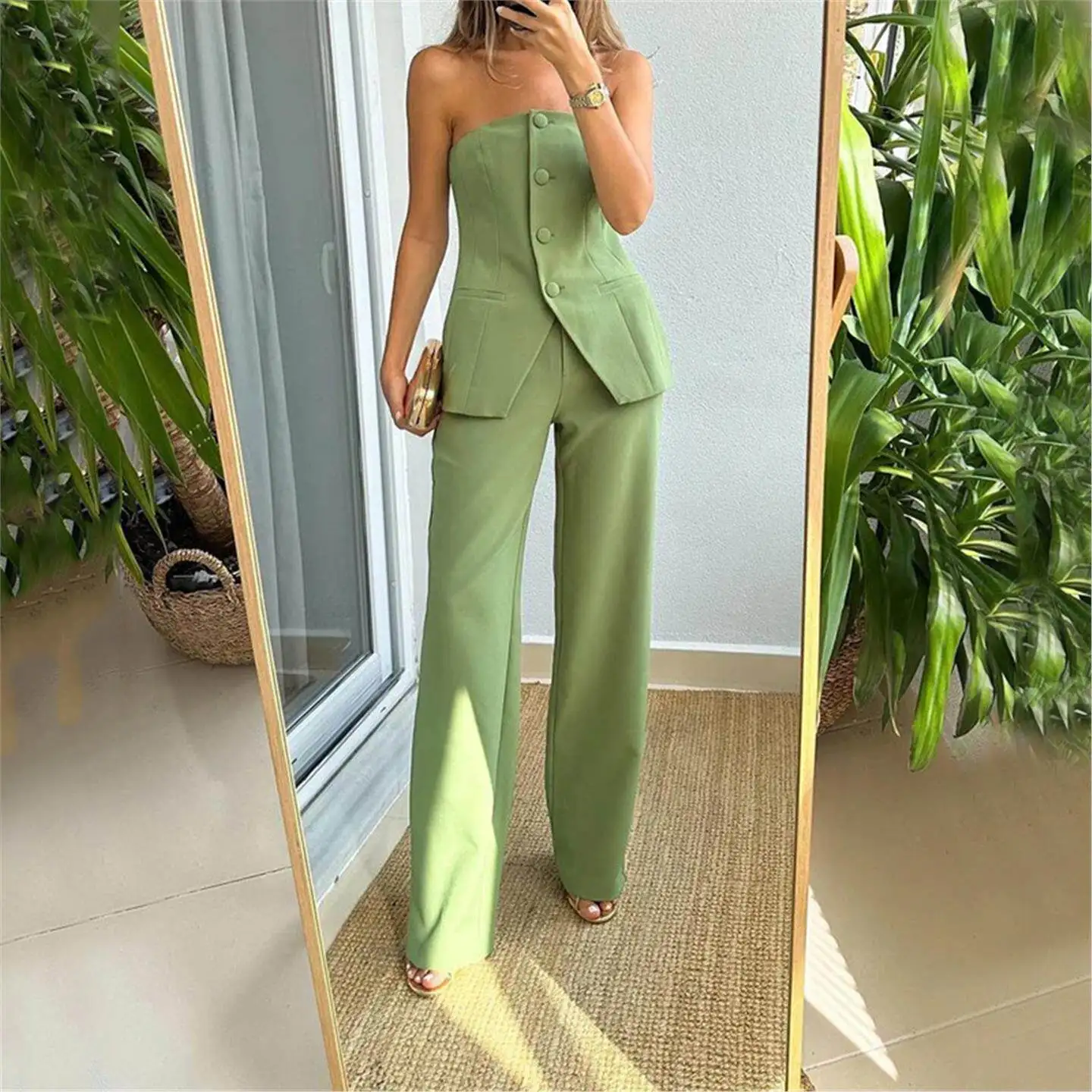 

Elegant Style Casual Fashion Button up Top And Pants Set Women's mid Waist Low Waist PVC Fabric Ussery Pants Autumn 2023