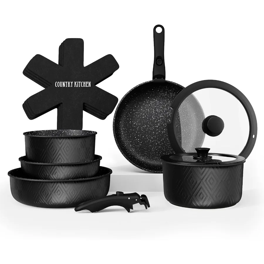 

Cookware Set with Removable Handle, Oven & RV Safe Pots and Pans Set, Black Rhombus, Original