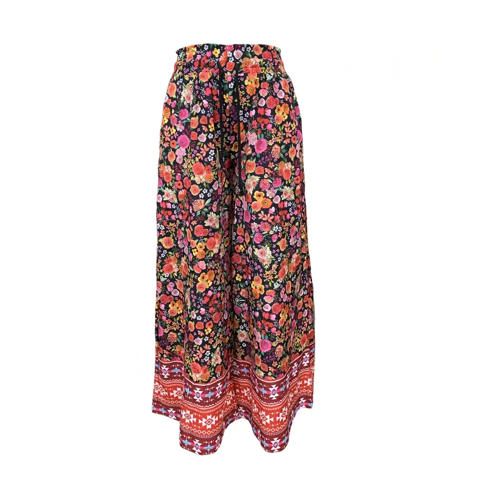 BKLD 2024 Summer New Women Clothing Causal Fashion Printed Vacation Outfits Bohemian Wide Leg Pants Elastic Waist Trousers