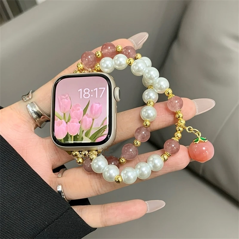 

Cute Pearl Bracelet For Apple Watch Band Series Ultra 42mm 38/40 41/45 49mm Elasticity Strap For iWatch 9 8 7 6 5 4 se 3 2 Girls