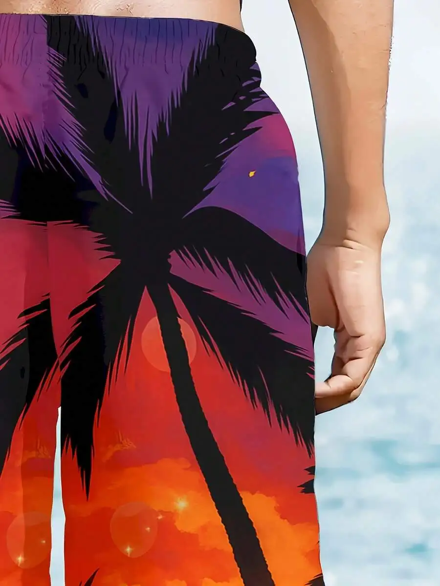 

Mens 3D Printed Palm Tree Sunset Beach Swim Trunks Adjustable Drawstring Waist Summer Swimwear