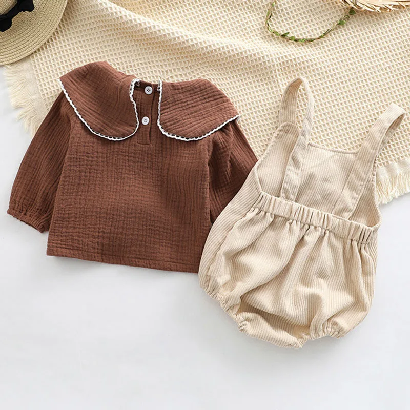 Infant Baby Girls Clothes Suit Long Sleeved Cotton Embroidered Shirt+Corduroy Jumpsuit Spring Autumn Children Clothing Suit