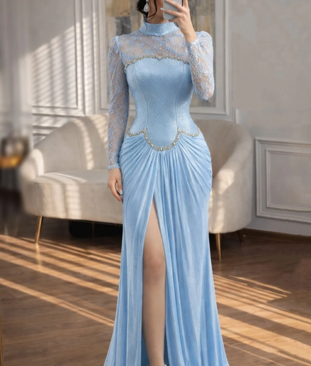 

Customized High Quality Long Sleeves Evening Gowns Lace Trumpet Glitter Long Dresses Elegant Wedding Party Dress
