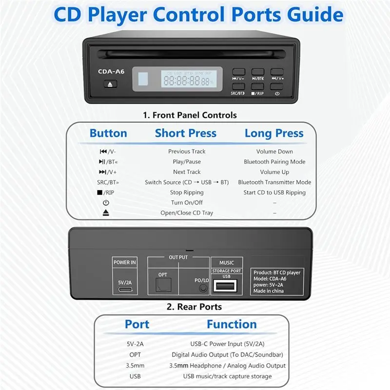 مشغل أقراص مضغوطة للسيارة ABMF-Hifi للمنزل، مزود بتقنية Bluetooth، وظيفة تمزيق USB، ممزق أقراص مضغوطة، جهاز خارجي عالي الدقة