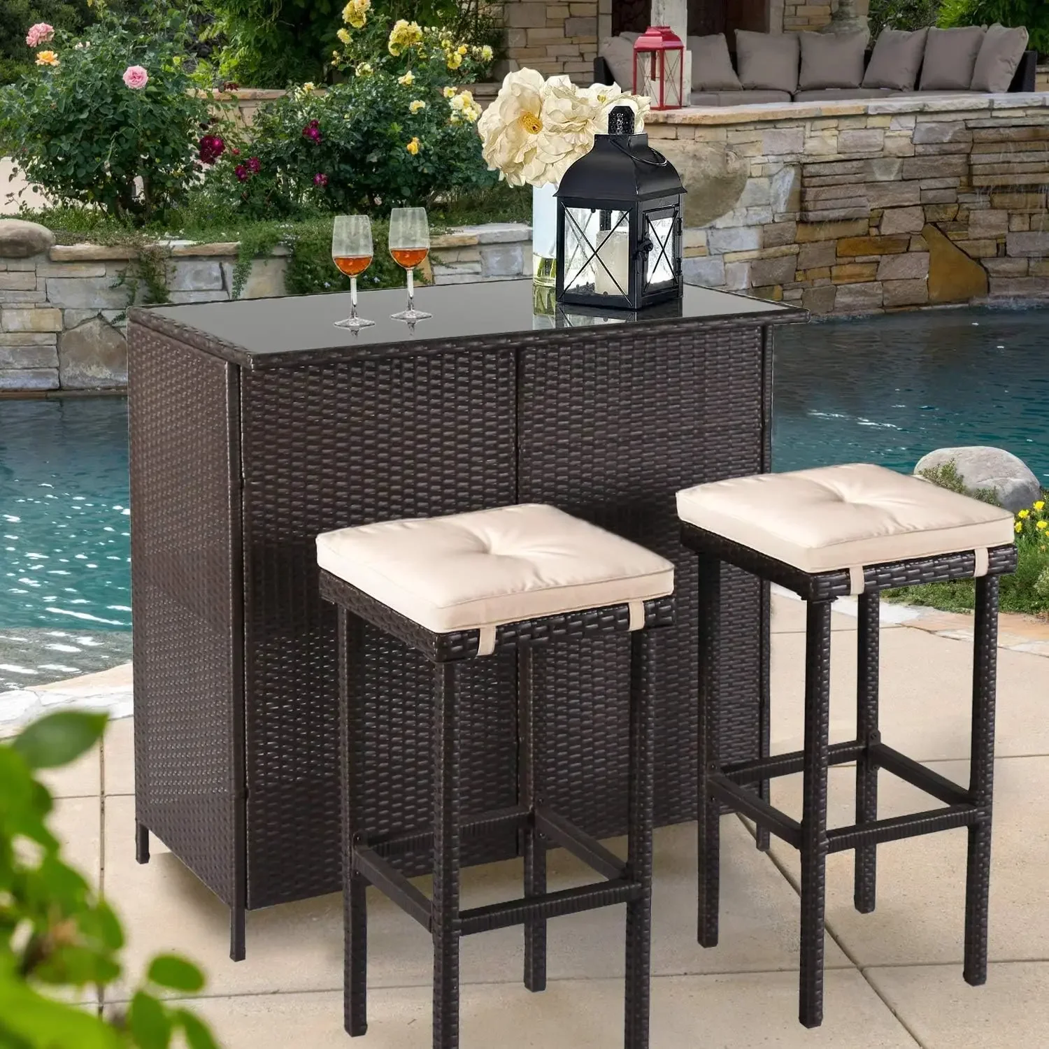 

3-Piece Outdoor Patio Bar Set Black Brown Wicker Bar Table Set Patio Furniture and Two Stools with Cushions