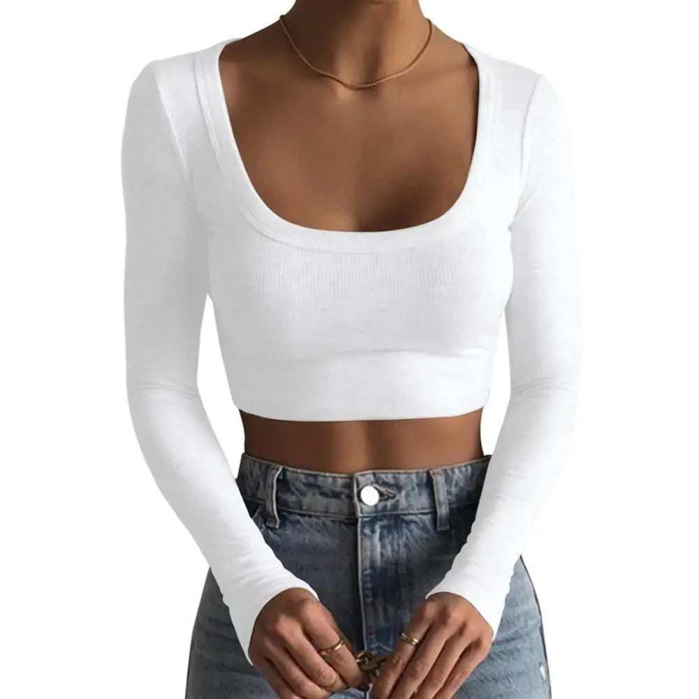 

Ladies Fashion Tops Shirt U-neck Slim T-shirt Elastic Cotton Blend Casual Basics Shirts Women Sexy Cropped Tops Autumn Clothing