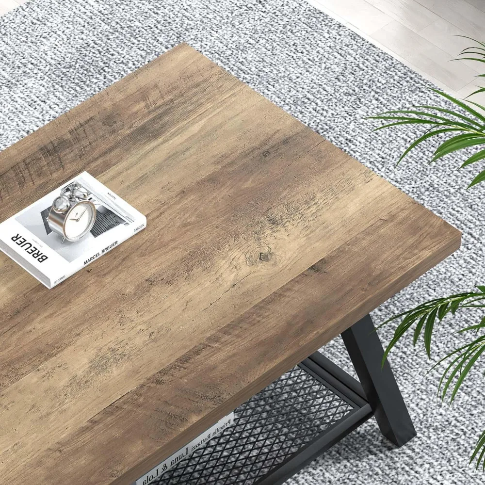 Coffee Table, Modern Rustic Wood and Metal Center Table with Storage, Industrial Cocktail Tea Table for Living Room, Oak