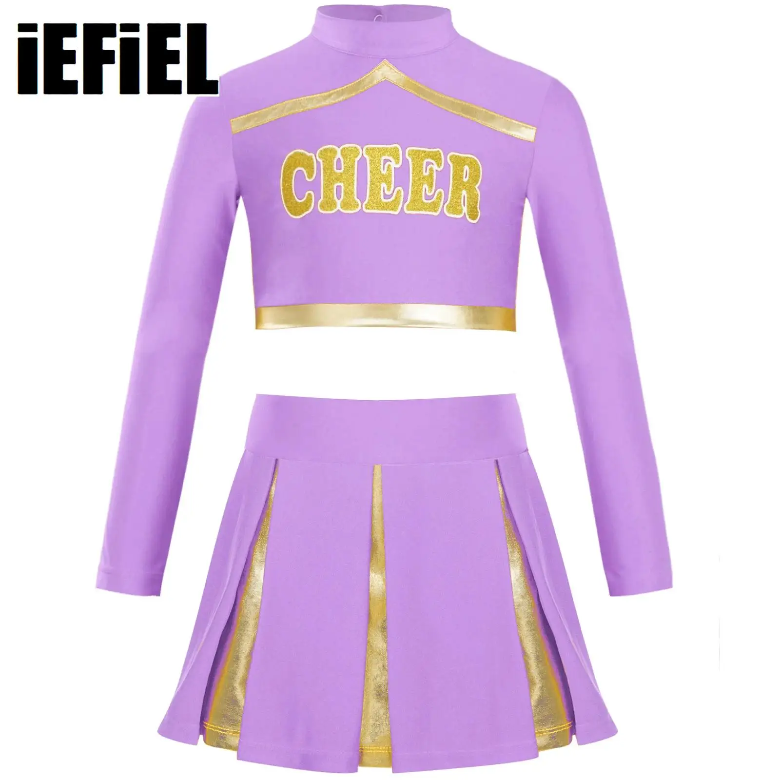 

Kids Girls Cheerleading Dance Outfit Glittery Letter Printed Keyhole Back Long Sleeve Crop Top with Contrast Color Pleated Skirt