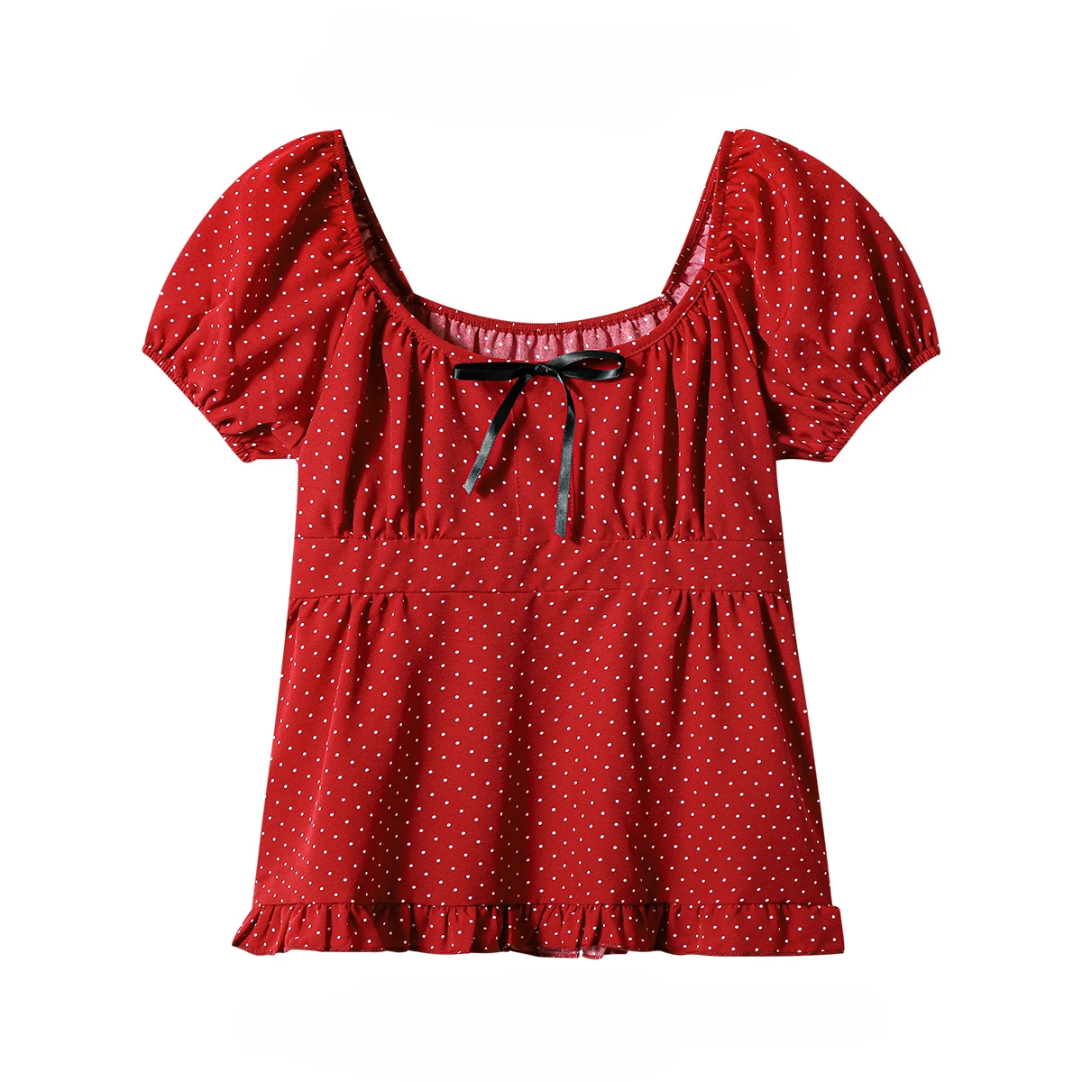 

Sweet Hot Girl Square Neck Puff Short-sleeved Bow Polka Dot Shirts Women's Summer Slim Short Age-reducing Tops Female Clothing
