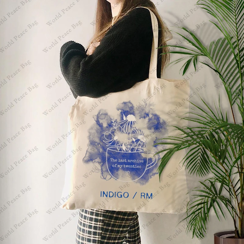 1 pc  Indigo RM The Last Archive Of My Twenties pattern Tote Bag  Canvas Shoulder Bag For Travel Daily Commute Women's Reusable