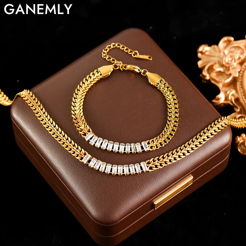 GANEMLY 316L Edelstahl Metall Weiß Zirkon Halskette Armbänder Wasserdicht Schmuck Set Gold Farbe Textur Beliebte Schmuck Set