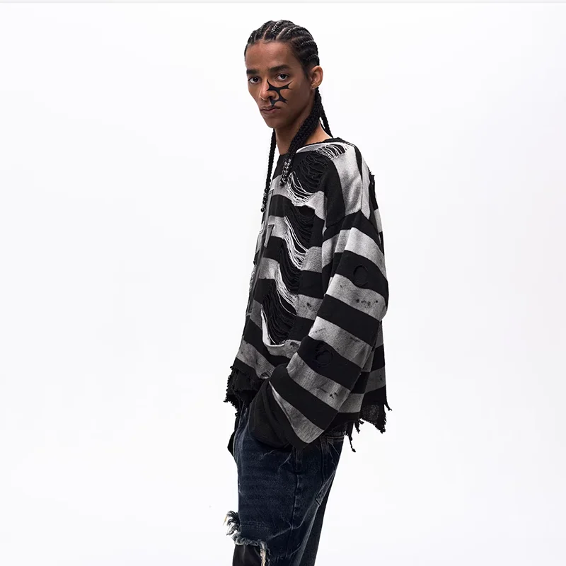 LUZHEN 2026 Spring New Color Contrast Stripe Vintage Loose Knitted Pullover Men Fashion Original Broken Hole Male Sweater JY6345