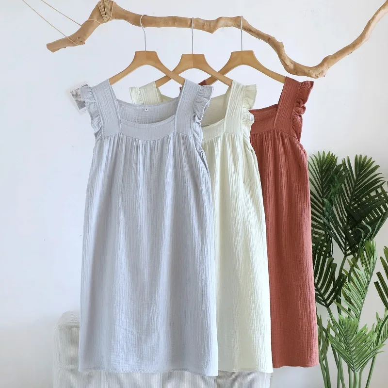 

2026 Summer New Women's Sleeping Skirt 100% Cotton Crepe Solid Color Simple Cute Vest Skirt Square Neck Loose Home Clothes