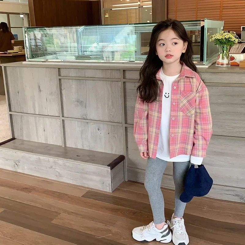Girls Shirts 2024 Autumn New Childrens Clothing Korean Style Baby Girl Foreign Style Thin Pink Lapel Plaid Shirt Casual Simple