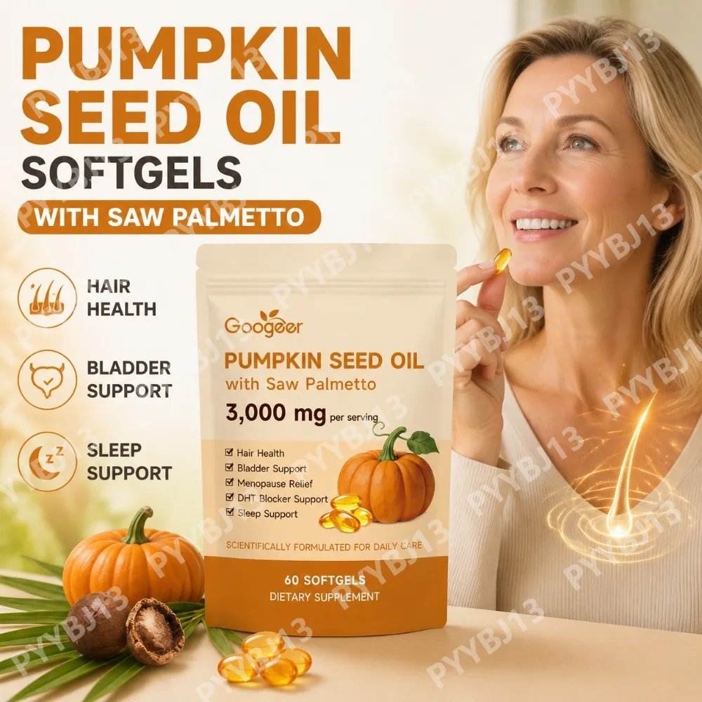 Googeer Pumpkin Seed Oil Softgels with Saw Palmetto Vitamin E Selenium Herbal Supplement Hair Wellness Daily Nutrition Support