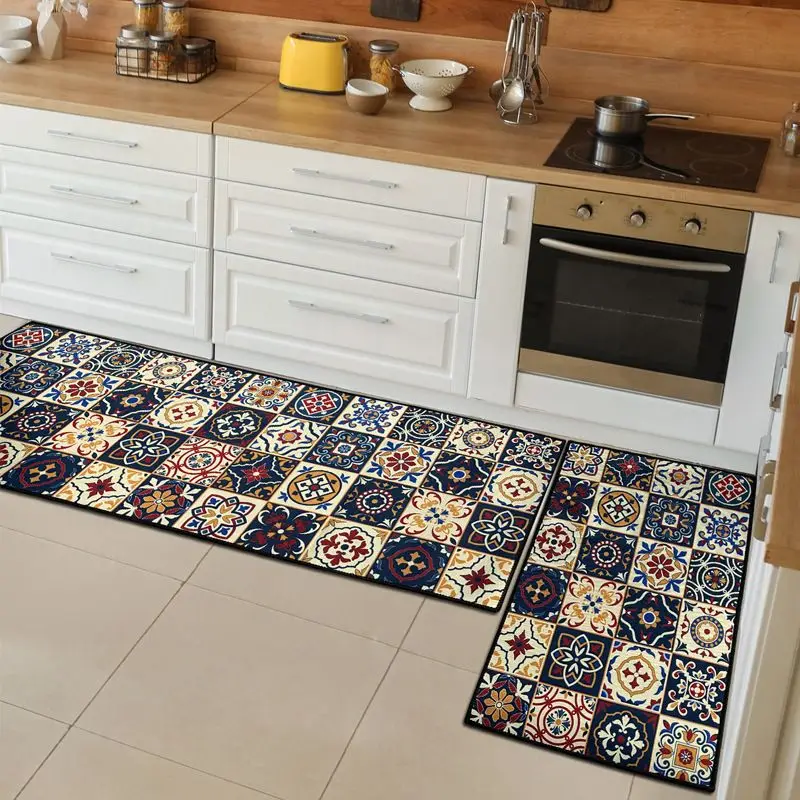 VIKAMA Blue Mosaic Tile Kitchen Mat Floral Floor Rug Non Slip Washable Anti Fatigue Soft Cozy Mat For Standing Home Decor