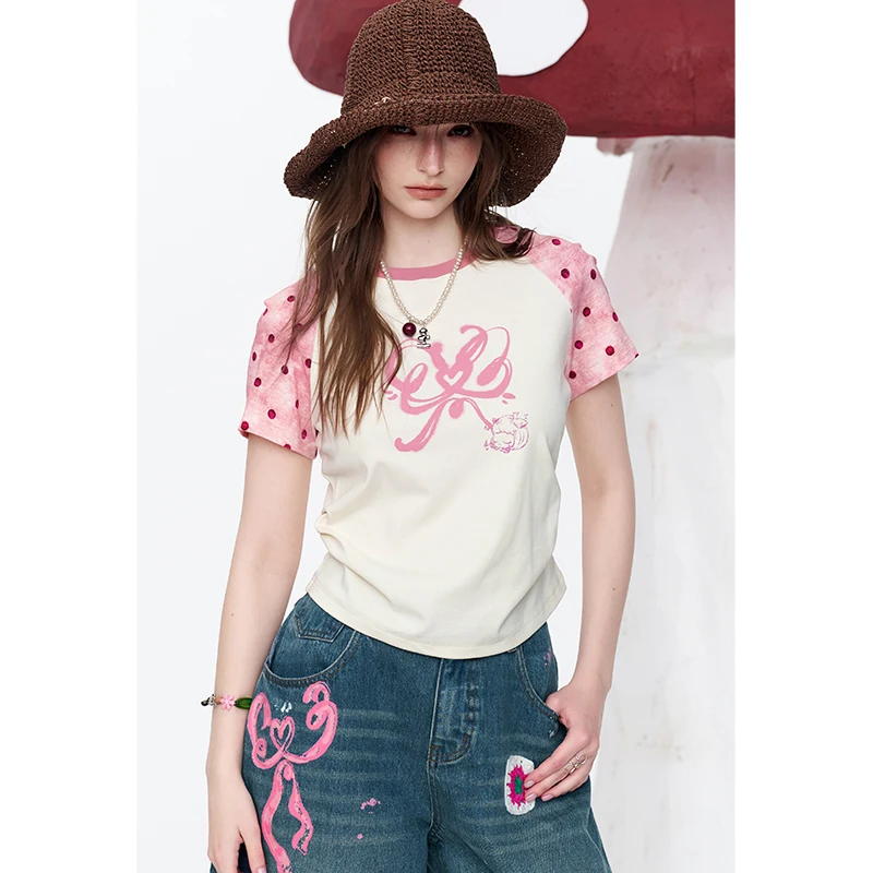 ELFSACK Polka Dot Raglan Sleeve Baby Tee, Bow Print Slim Fit Y2K Casual T-Shirt, Pink & White Retro Top