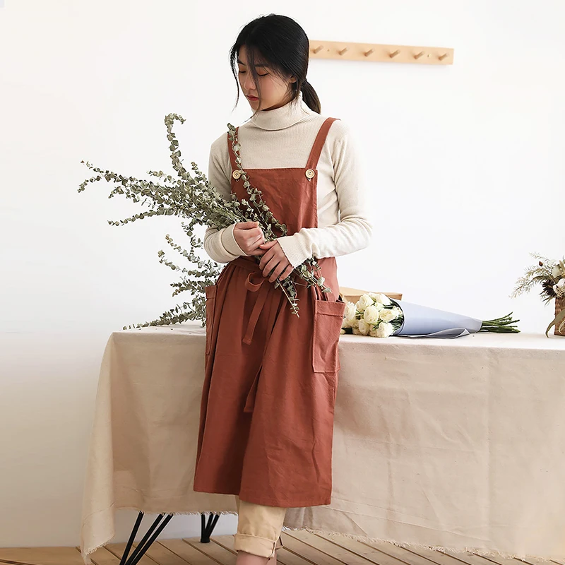 Japanese Shoulder Straps Cotton Linen Aprons For Women New High Sense Artistic Florist Manicurist Work Clothes Princess Dress