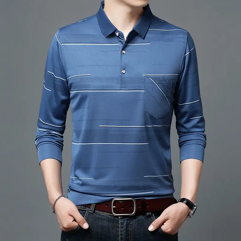 

Fashion Men Long Sleeve Striped Polo Shirts Spring Autumn New Male Clothes T-shirt Korean Streetwear Business Casual Loose Tops