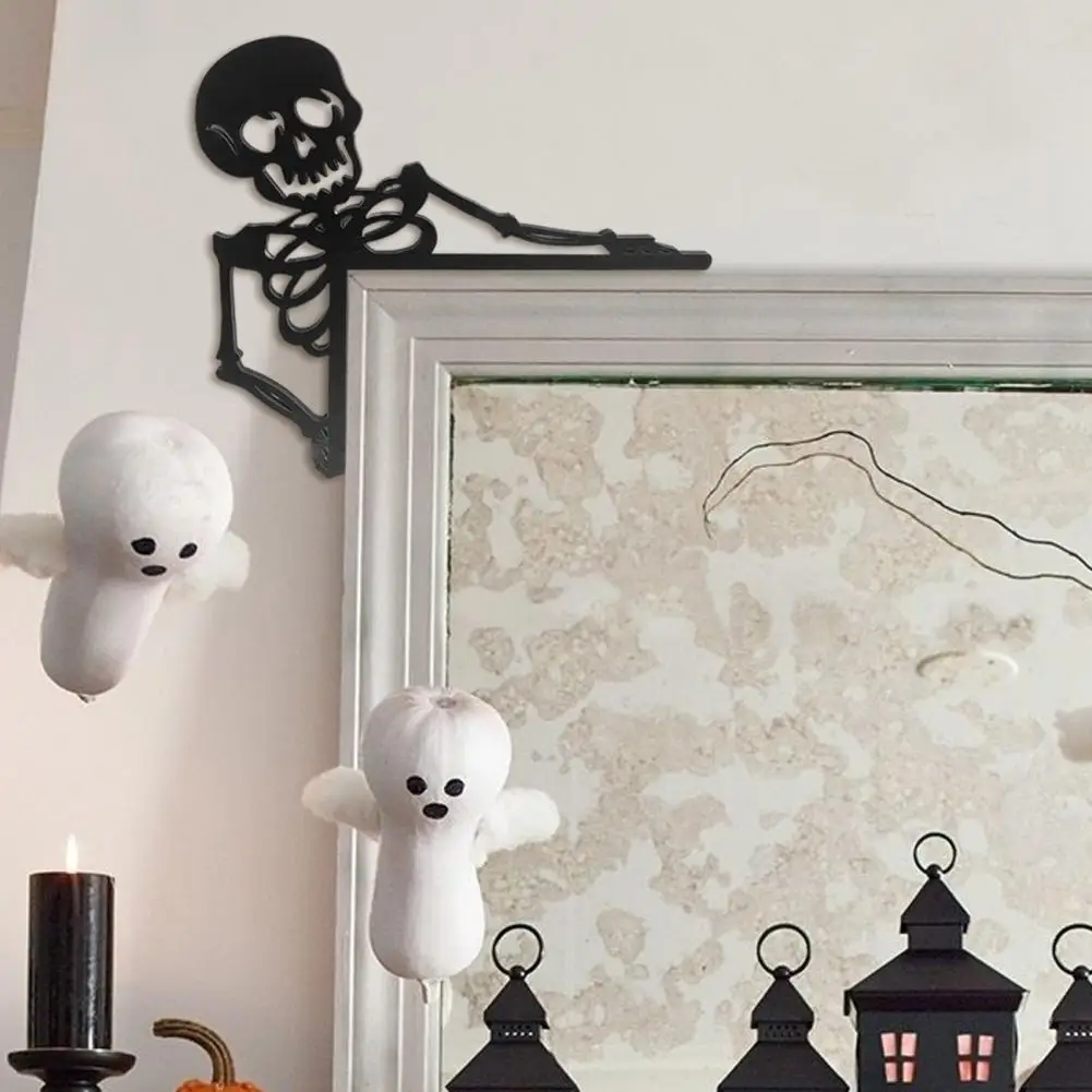 Halloween Door Corner Sign Halloween Wooden Door Frame Decor Set with Witch Skeleton Pumpkin Silhouettes Front Door for Spooky