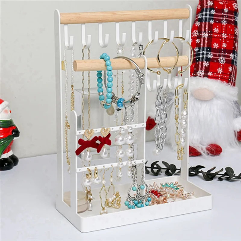 Jewelry Organizer Stand Necklace Holder, Jewelry Tower Rack with Earring Tray and Holes, Necklaces Hanging Tree Display