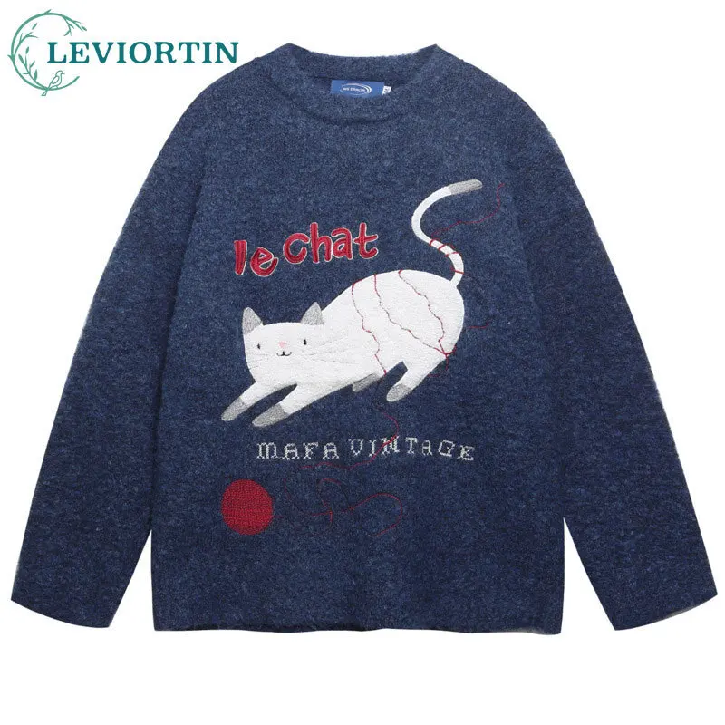 

2025 Autumn and winter men's and women's American retro fun cute cat jacquard knitted sweater loose and lazy couple's top