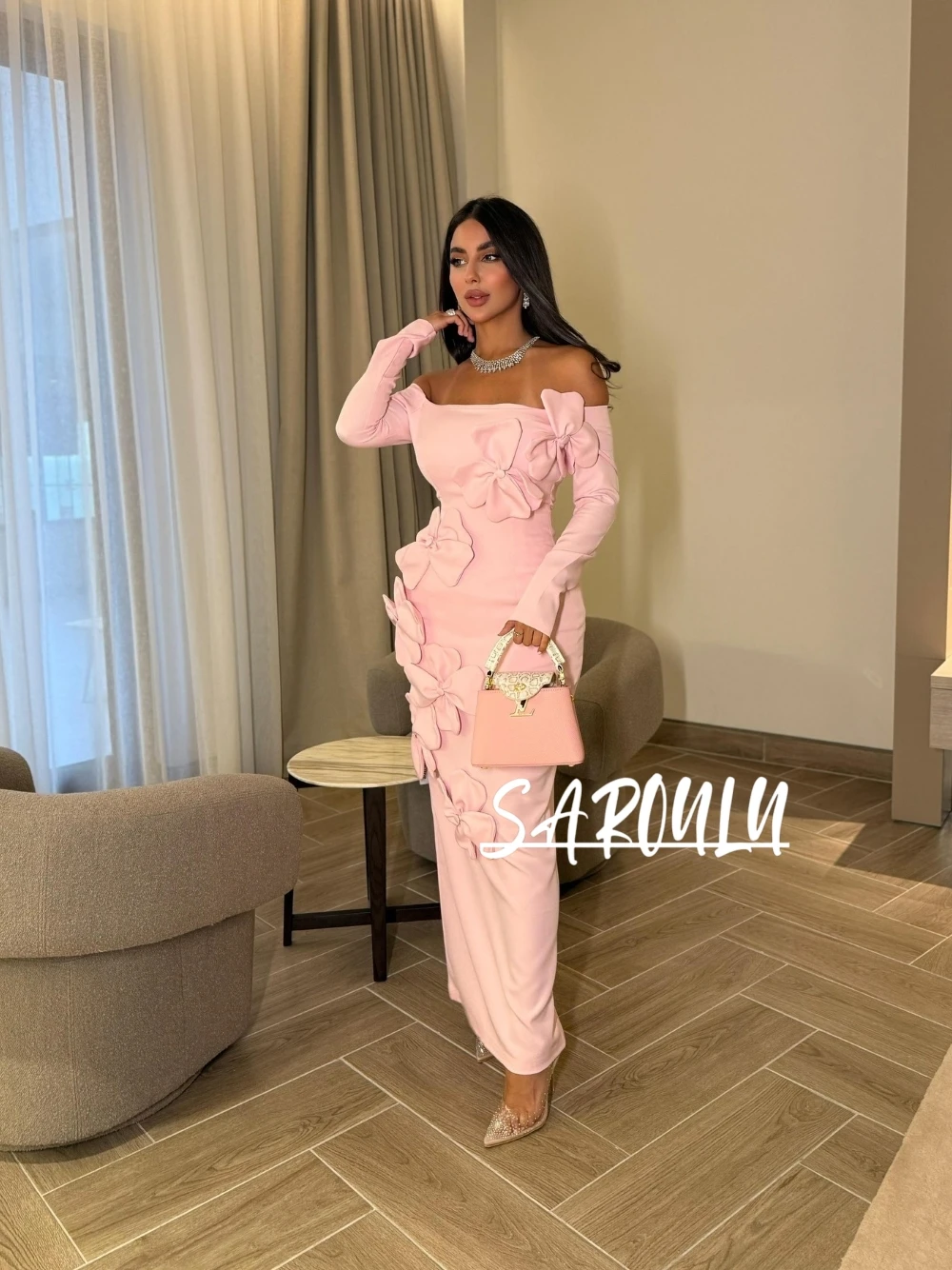 

Sweet Elegant Off Shoulder Evening Dress Women Pink 3D Flowers Long Sleeved Slim Fit Maxi Cocktail Party Formal Gown Hot Sale