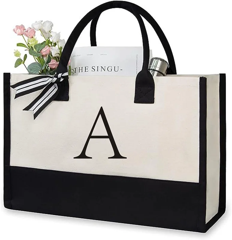 Canvas-Tragetasche für Damen, große Kapazität, Handtasche, kontrastfarbene Umhängetasche, dicke Baumwolle, wiederverwendbare Einkaufstasche, 26 Buchstaben verfügbar