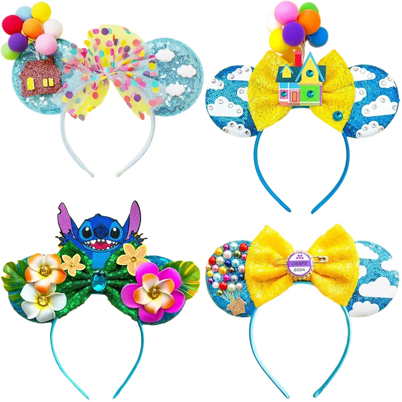 Cute Pixar Anime Up Headbands For Girl Colors Disney Hot Air Balloon House Hairband Women Sequins Bow Hair Accessories Kids Gift