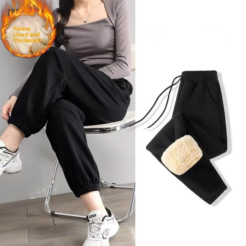 Pantalon de survêtement en velours d'agneau pour femme, épais, doublé de polaire, ample, amincissant, sport, décontracté, chaud, Long, hiver