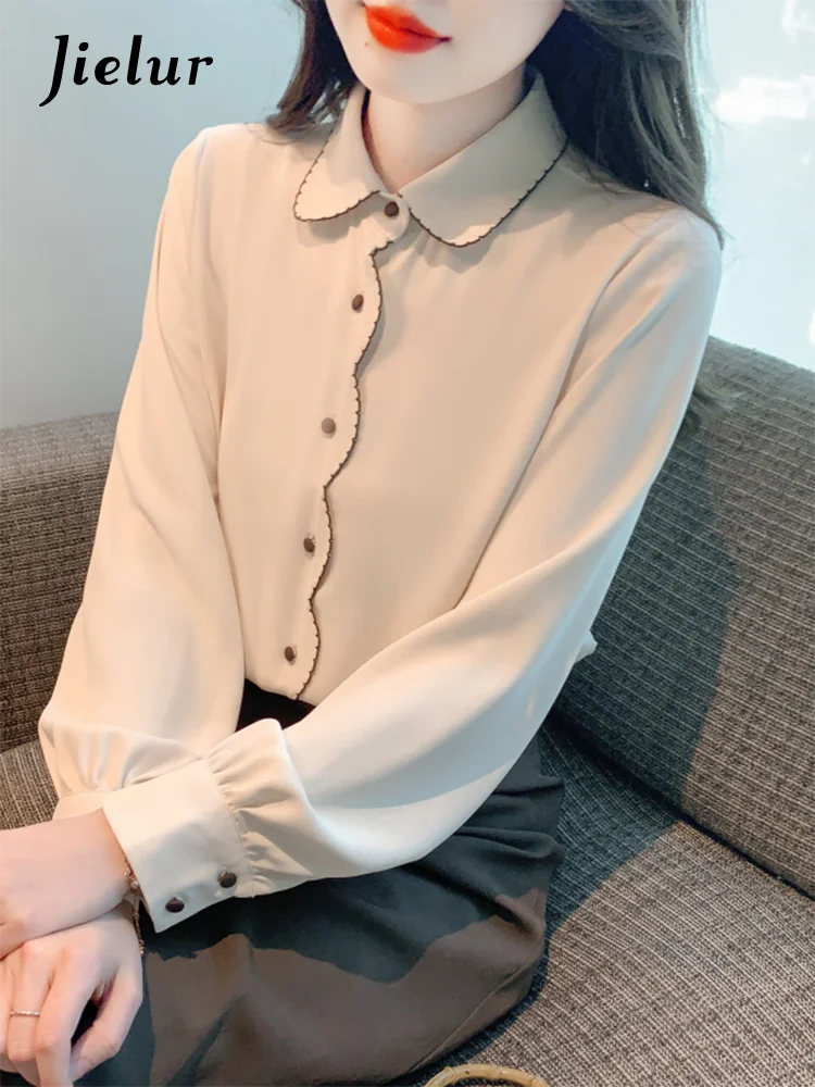 Jielur Autumn New Contrast Color Slim Women Shirt Sweet Ladies Elegant Shirt Woman Loose Office Chiffon Long-Sleeved Top Woman