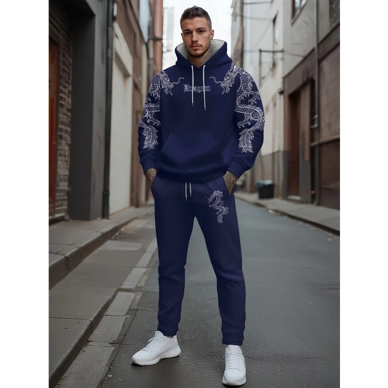 2025 Primavera e autunno Abbigliamento sportivo casual Felpa con cappuccio regolare da uomo stampata in 3D e felpa Set da due pezzi