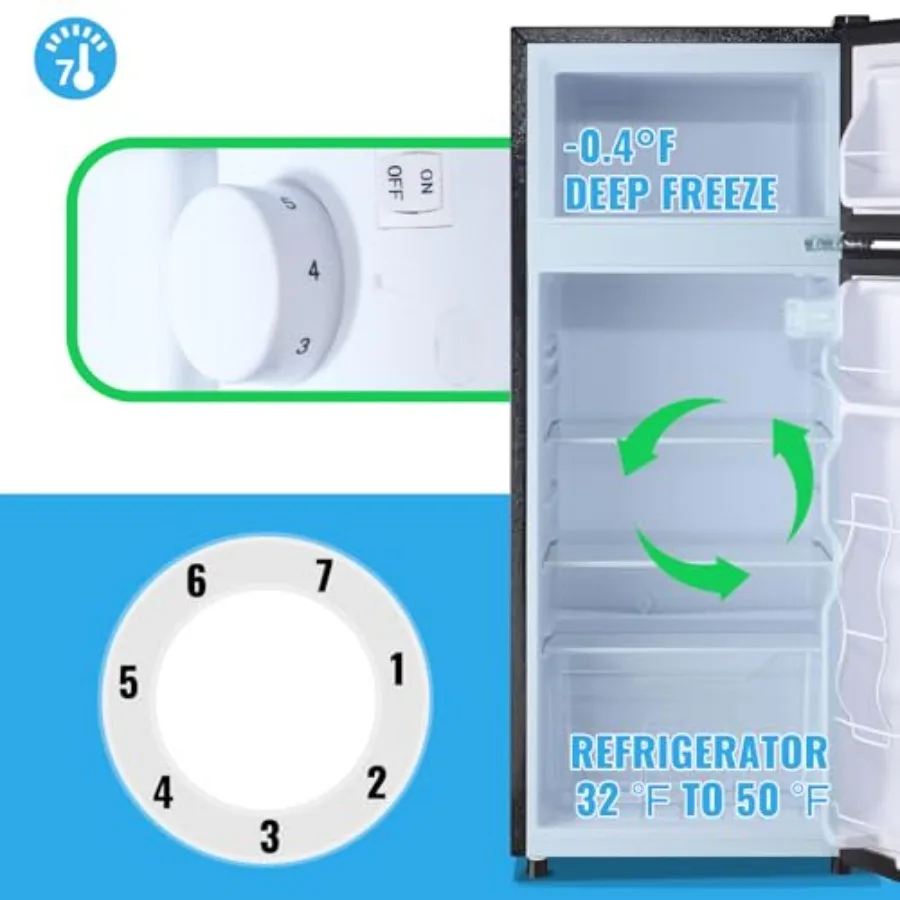 4.5 Cubic Feet Double Door Fridge with Top Freezer for Home Kitchen Storage Large Capacity Refrigerator with 7 Temperature Cont