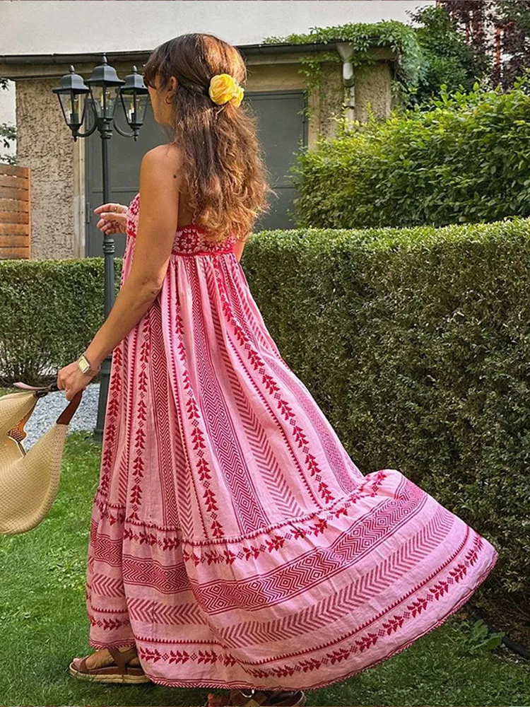 Elegant Pink Printed Women's Maxi Dress Fashion Square Neck Sleeveless High Waist Long Dresses Casual Vocation Street Lady Gowns