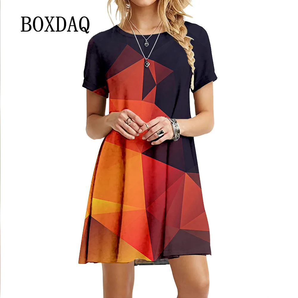 Oversized Women Dress 2022 New Summer Elegant Fashion Geometric Print Short Sleeve O-Neck Short Dress Ladies Casual Mini Dress