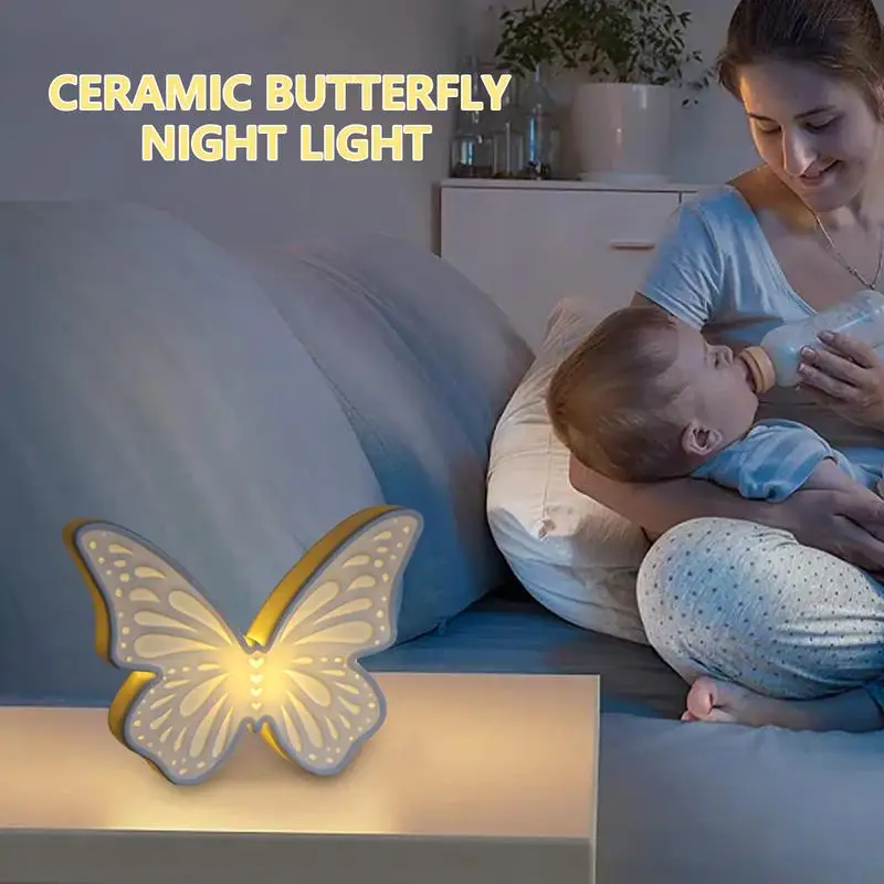 Cerâmica Butterfly Bedside Table Lamp, Luz noturna reutilizável para crianças, Study Rooms Quartos
