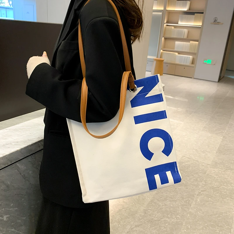 Canvas Tote Bag Letter Printing Shoulder Bags For Women High Capacity Cross Body Bag Casual Shopper Bags Simple Daily Handbag