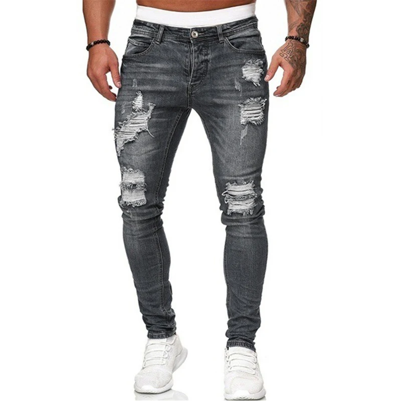 2025 Men Jeans Knee Hole Ripped Stretch Skinny Denim Pants Solid Color Black Blue Autumn Summer Hip-Hop Style Slim Fit Trousers